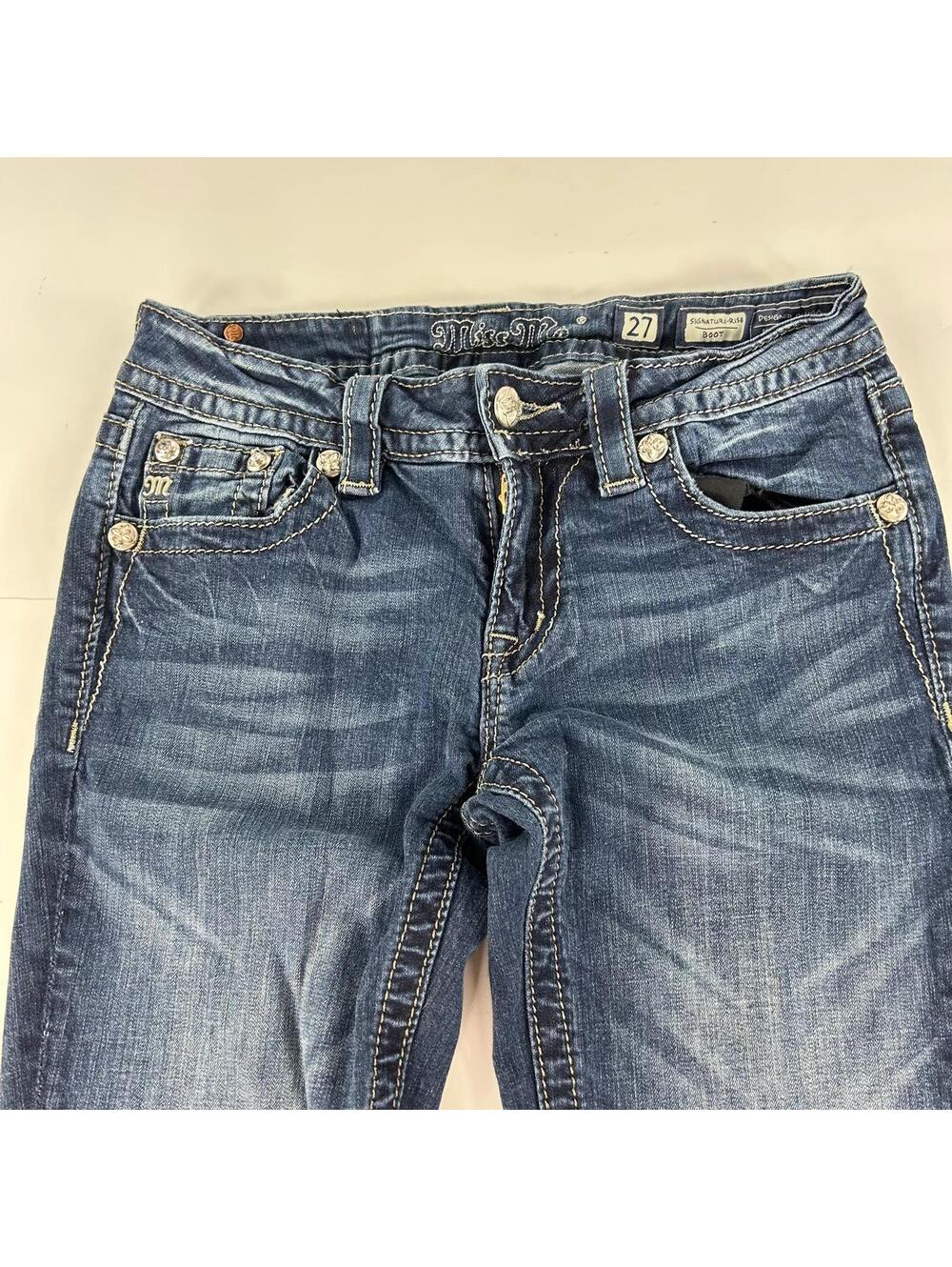 Miss Me Signature Rise Boot Jeans Sz 27 Fleur De Lis Sequin Flap Pocket Denim - Picture 6 of 11